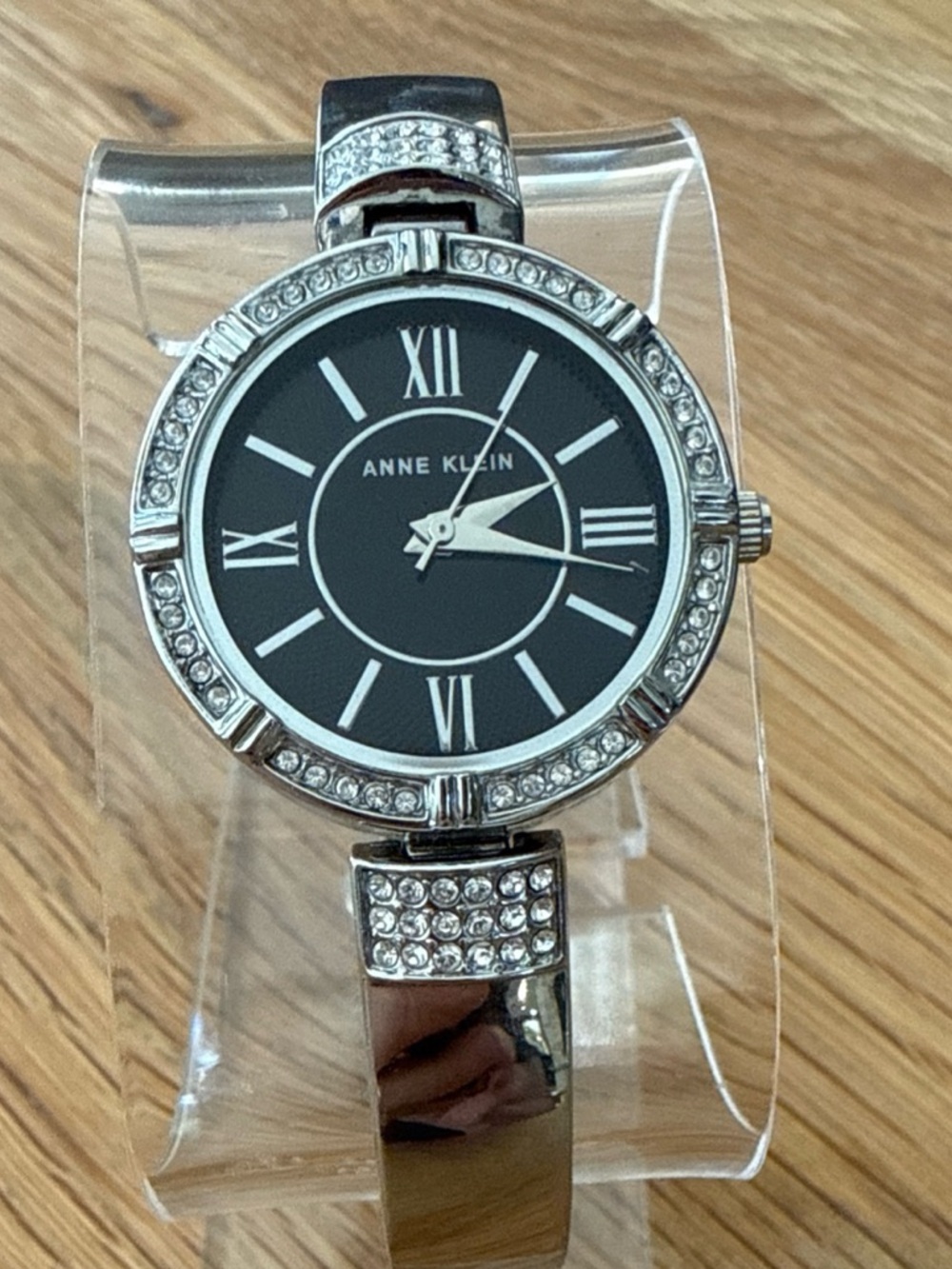 Anne Klein Silver Bracelet Watch with Black Dial and Crystal Accents, Runs Great